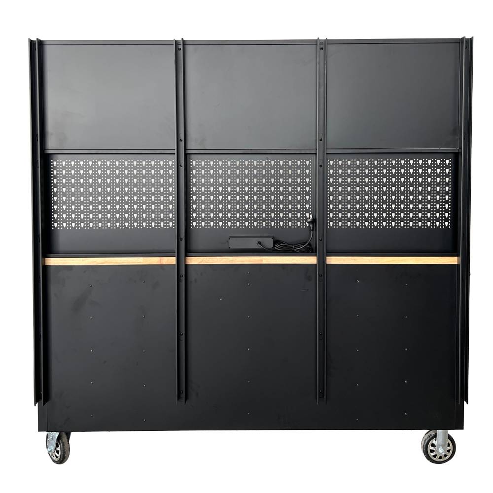 Black storage cabinet with patterned doors on a white background