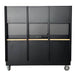 Black storage cabinet with patterned doors on a white background