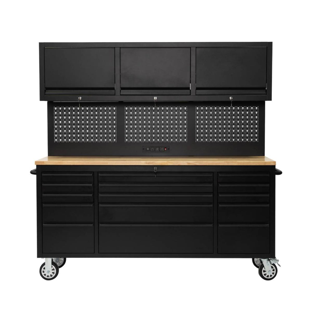 Black workshop cabinet with multiple drawers and a wooden top on a white background