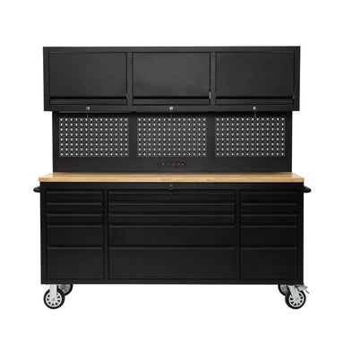 Black workshop cabinet with multiple drawers and a wooden top on a white background