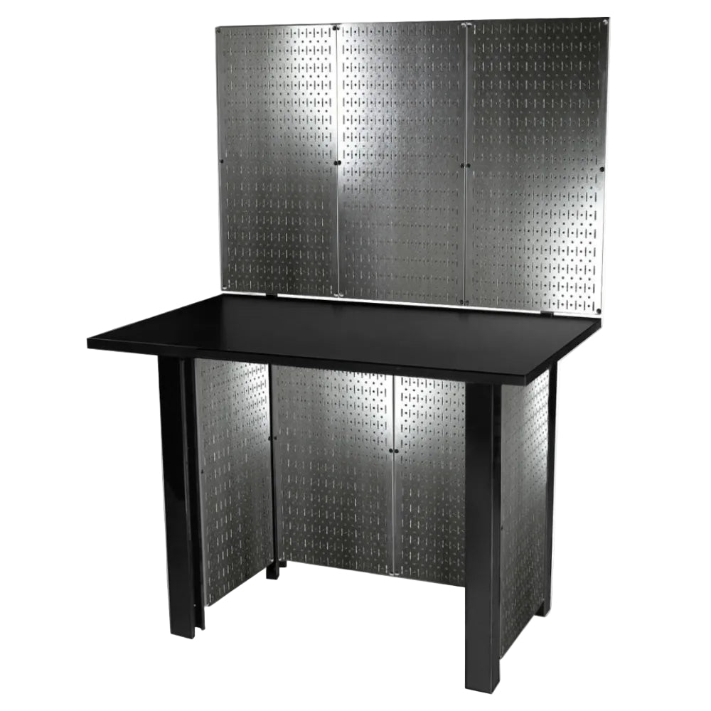 Black workbench with galvanized steel pegboard against white background