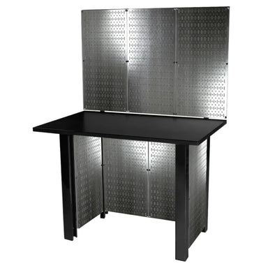 Black workbench with galvanized steel pegboard against white background