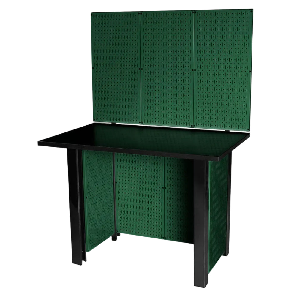 Black workbench with green pegboards against a white background