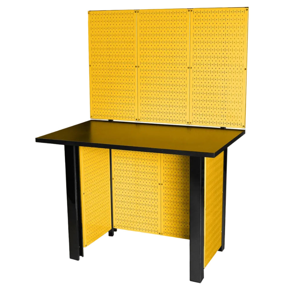 Black workbench with yellow pegboards against a white background