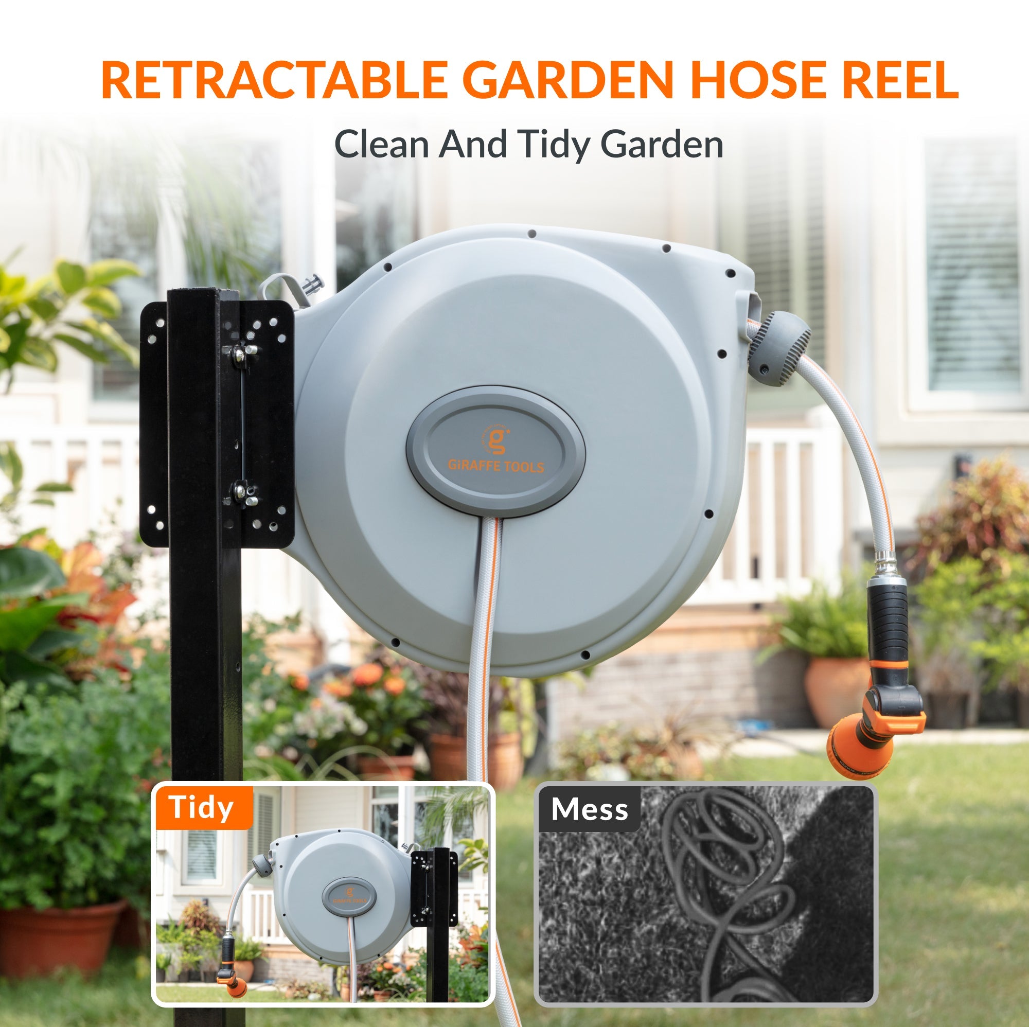 Giraffe Tools Retractable Garden Hose Reel - 65ft 5/8" Auto Rewind Wall Mount
