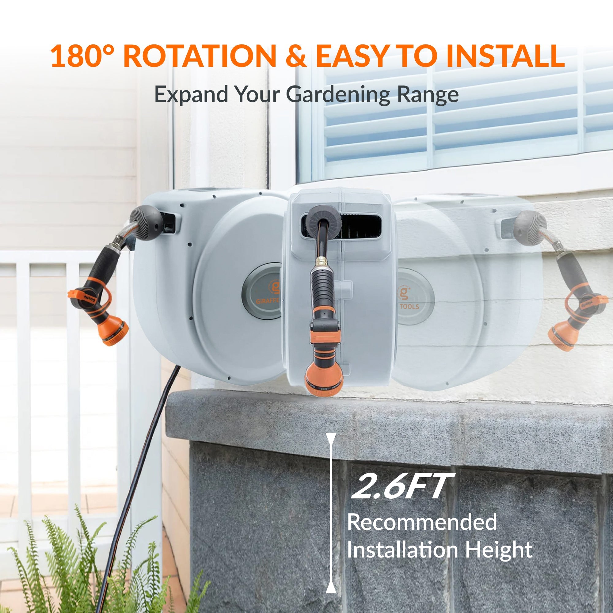 Giraffe Tools Retractable Garden Hose Reel - 65ft 5/8" Auto Rewind Wall Mount
