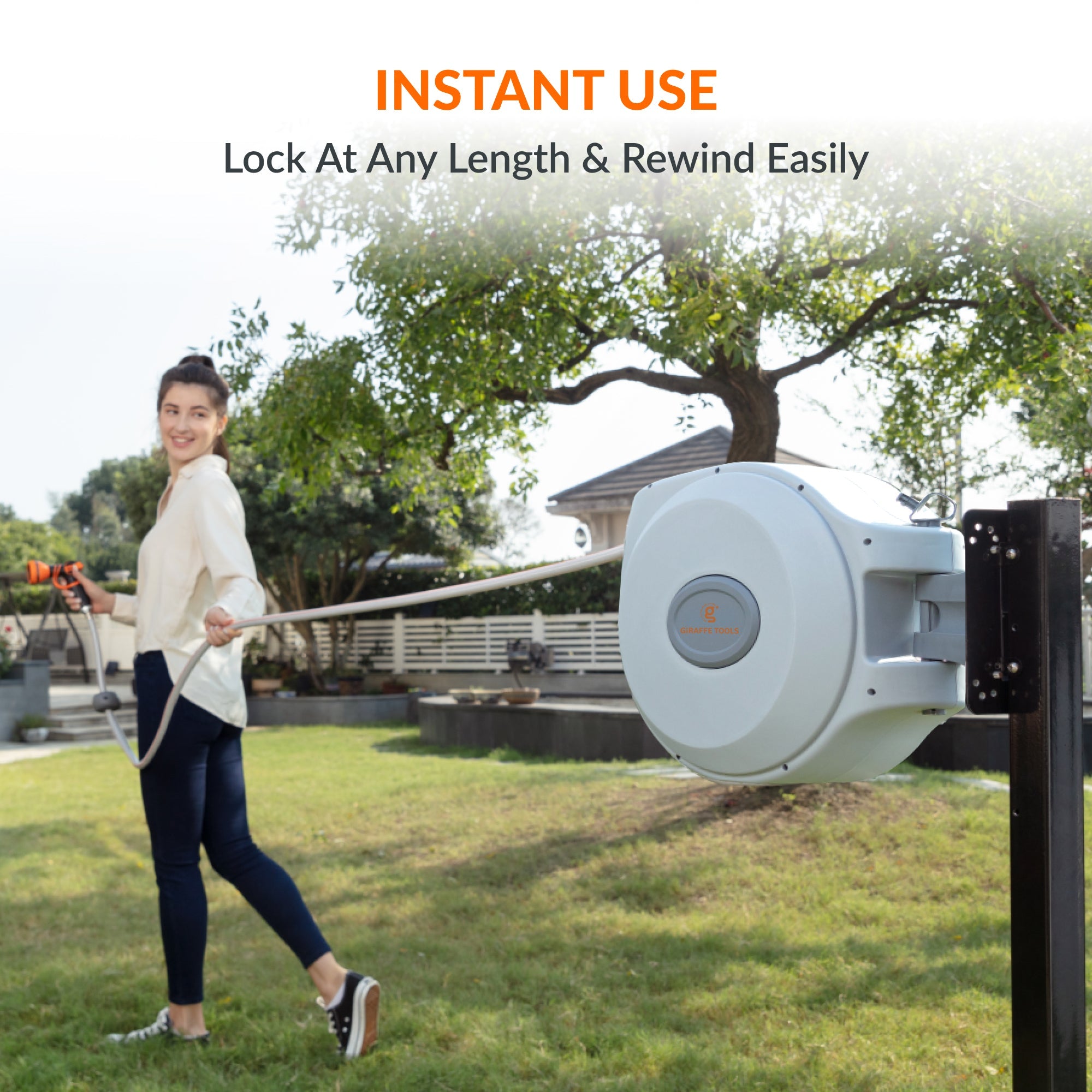 Giraffe Tools Retractable Garden Hose Reel - 65ft 5/8" Auto Rewind Wall Mount