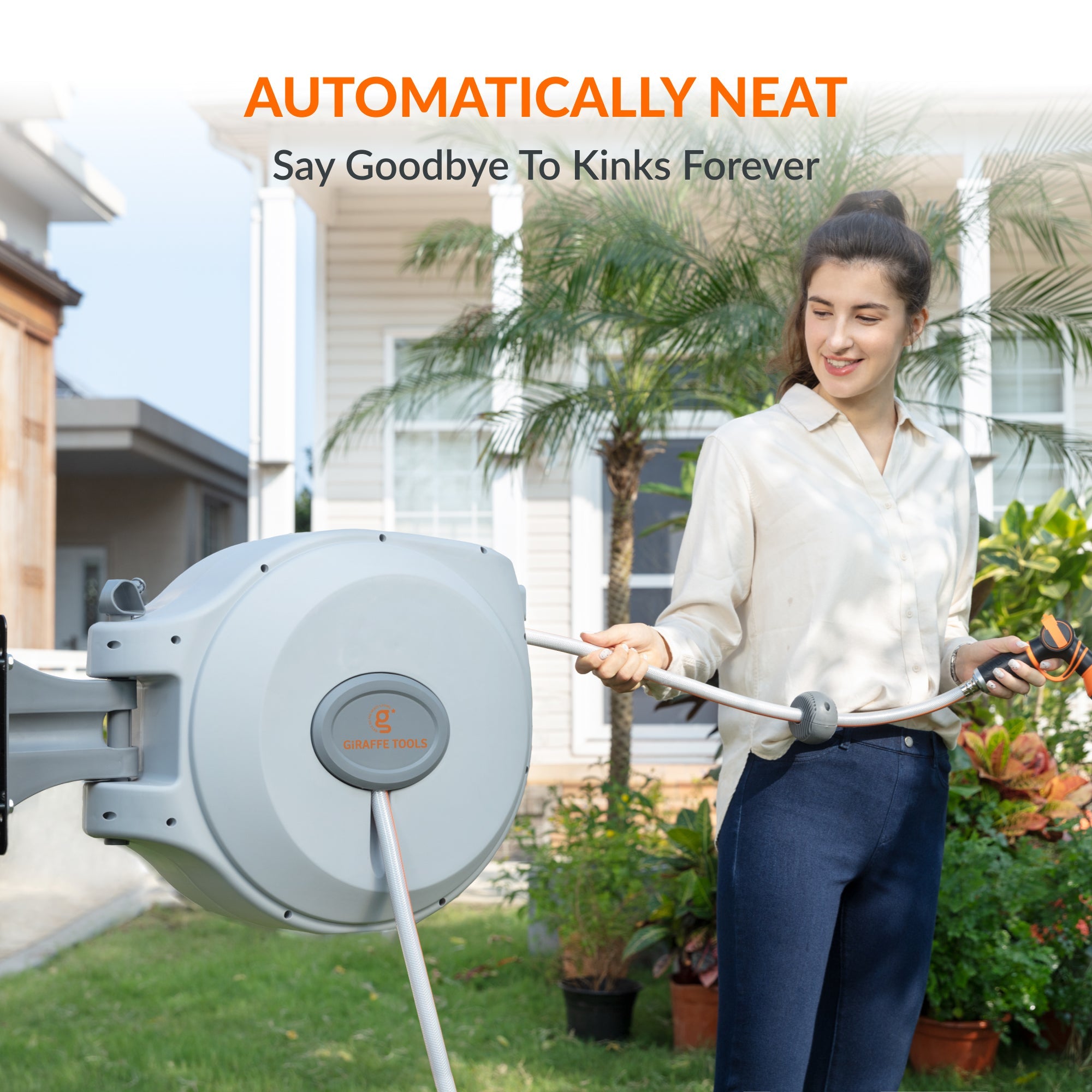 Giraffe Tools Retractable Garden Hose Reel - 65ft 5/8" Auto Rewind Wall Mount