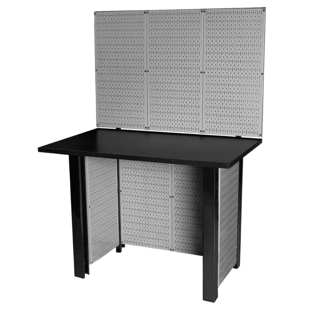 Black workbench with gray pegboards against a white background