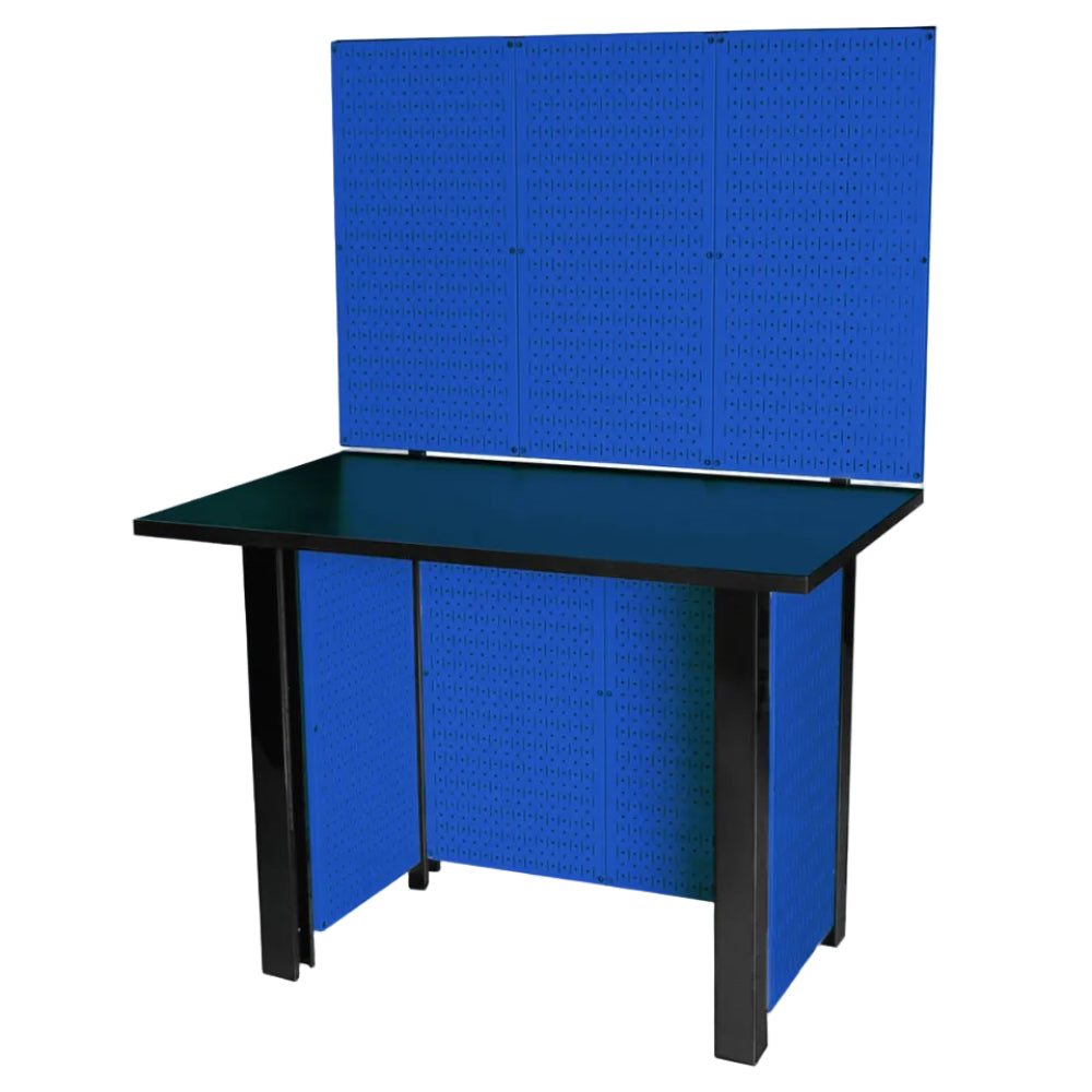 Black workbench with blue pegboards against a white background