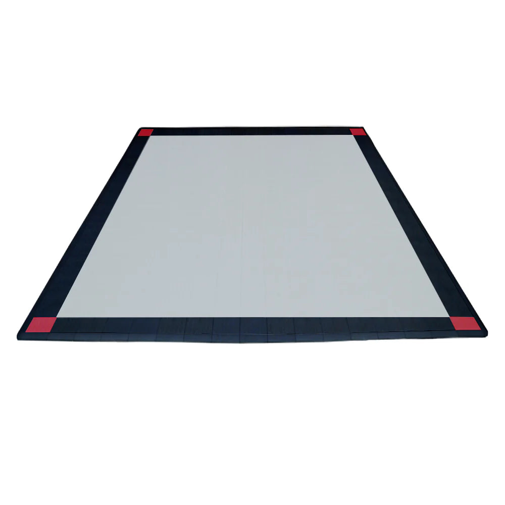 Gray mat with red accents on a white background