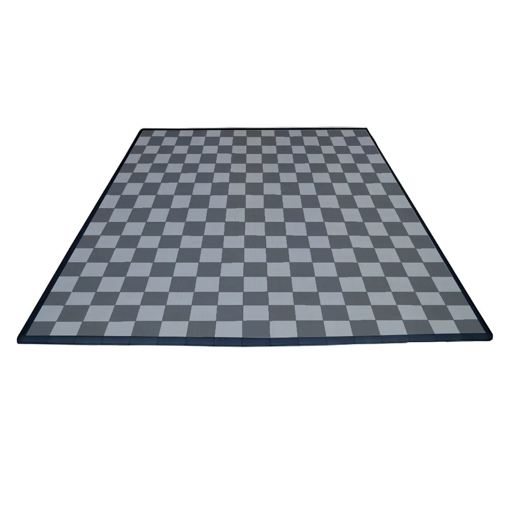 Checkered mat with gray and black squares on a white background