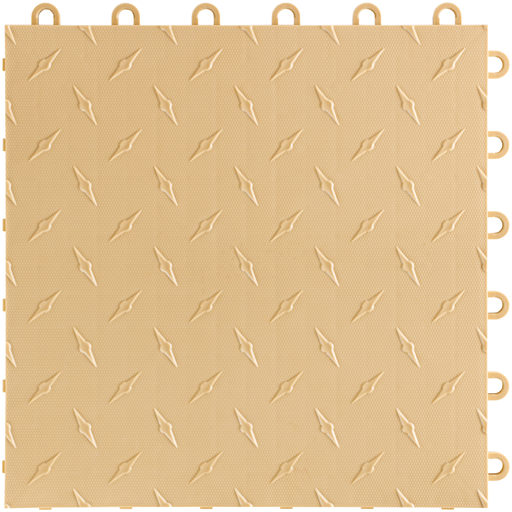 Beige interlocking floor tile with a diamond plate pattern