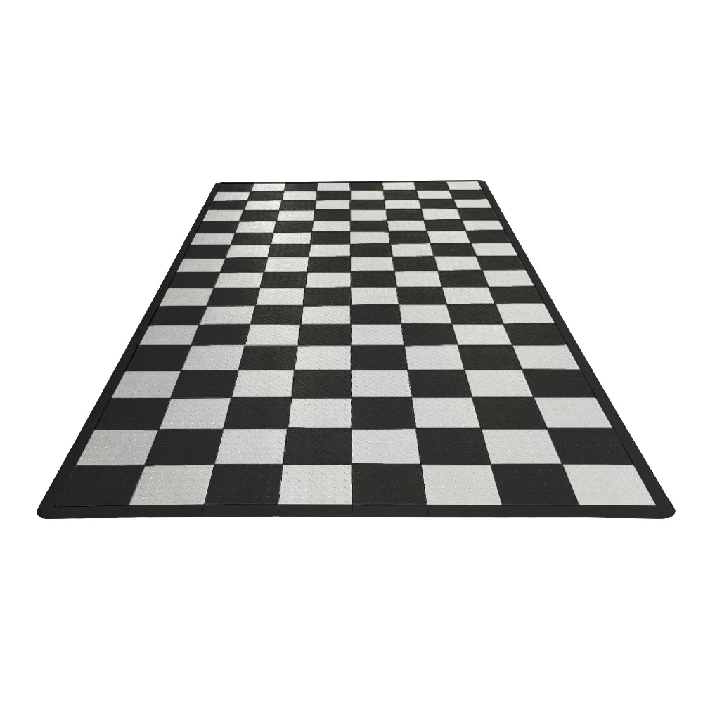 Checkered black and white rug on a white background