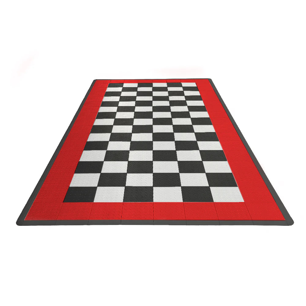Checkered black and white rug with red border on a white background