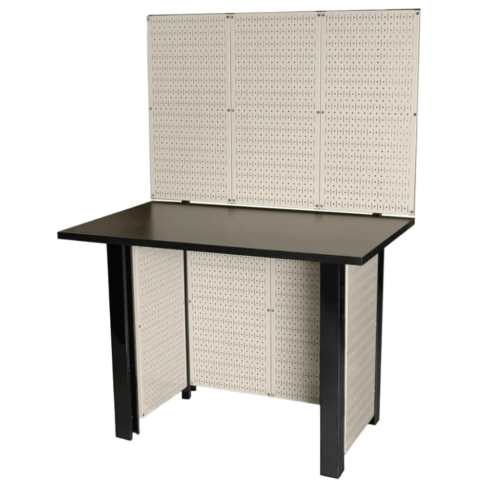 Black workbench with beige pegboards against a white background