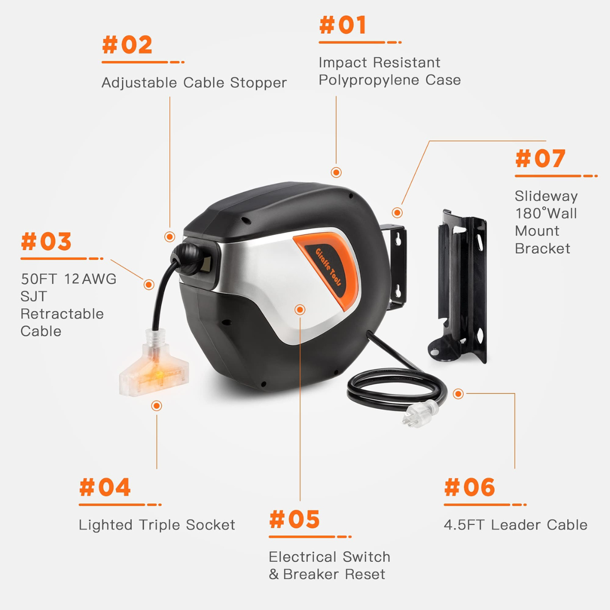 Giraffe Tools Retractable Extension Cord Reel - Auto Rewind with 3 Outlets