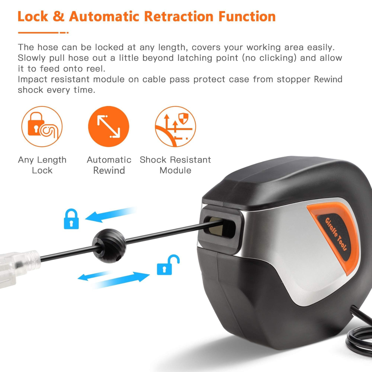 Giraffe Tools Retractable Extension Cord Reel - Auto Rewind with 3 Outlets