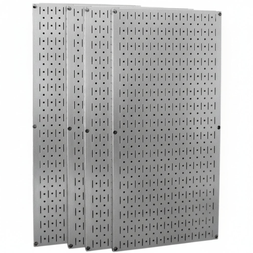 Three gray pegboard panels with holes on a white background