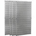 Three gray pegboard panels with holes on a white background