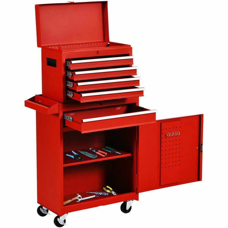 Red tool chest with multiple drawers and tools on a white background