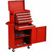 Red tool chest with multiple drawers and tools on a white background