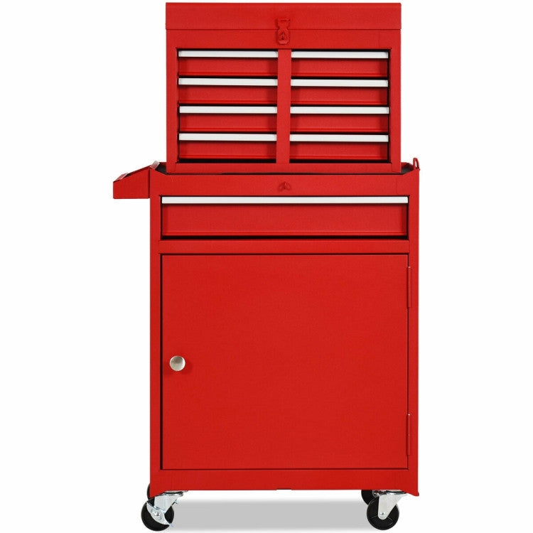 Red tool cabinet with multiple drawers on a white background