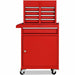 Red tool cabinet with multiple drawers on a white background