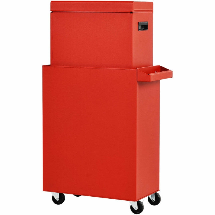 Red metal storage cart with wheels on a white background