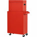 Red metal storage cart with wheels on a white background