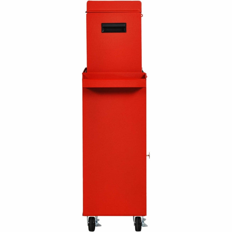 Red metal cabinet with wheels on a white background