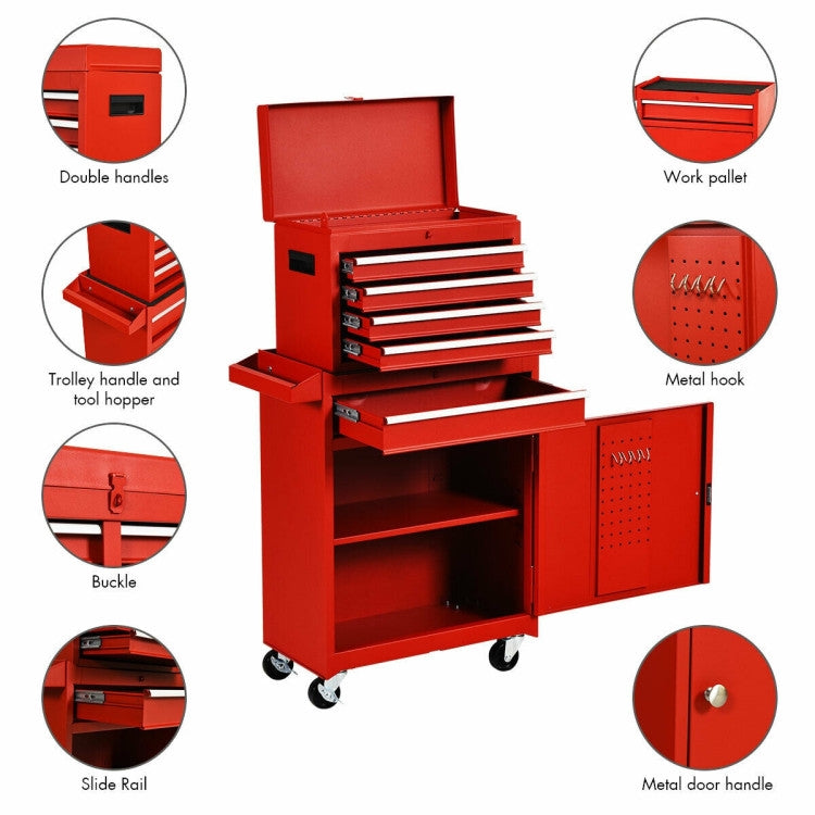 Red tool cabinet with various features highlighted on a white background
