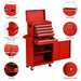 Red tool cabinet with various features highlighted on a white background