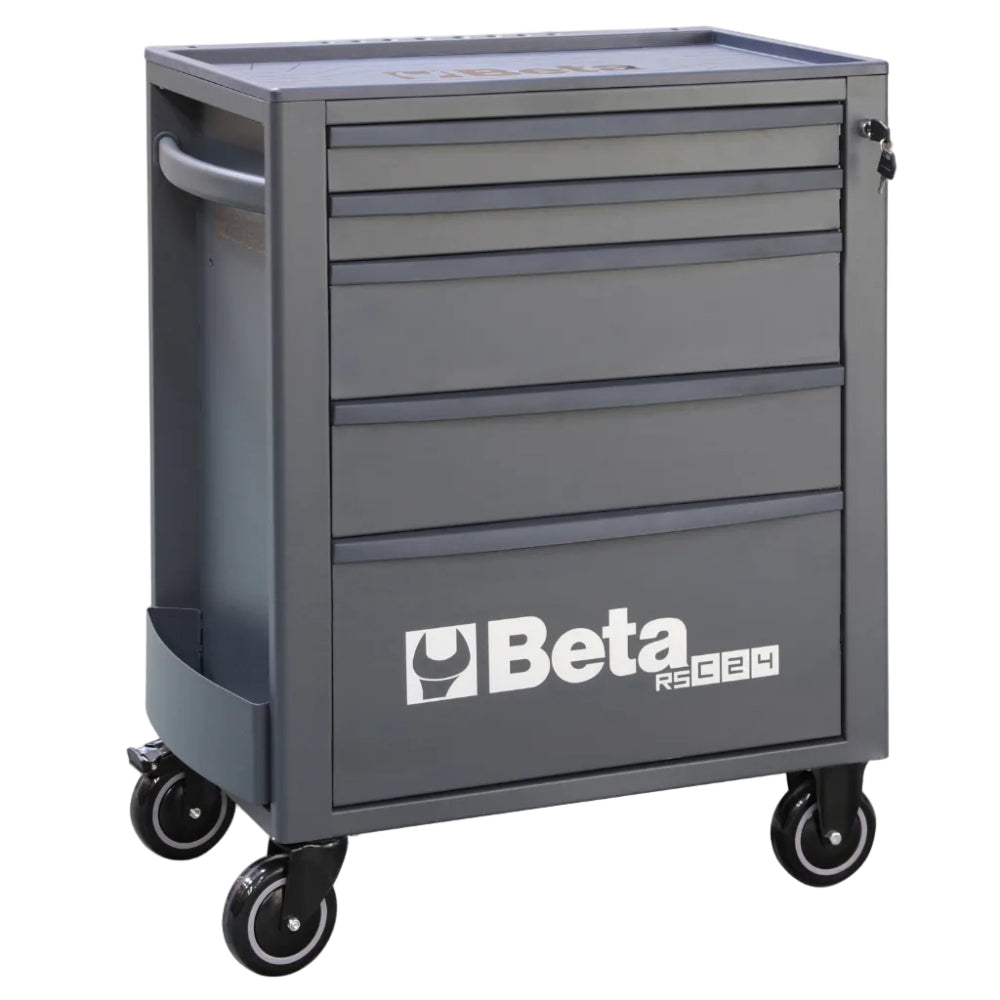 Gray tool cart with multiple drawers and Beta logo on a white background