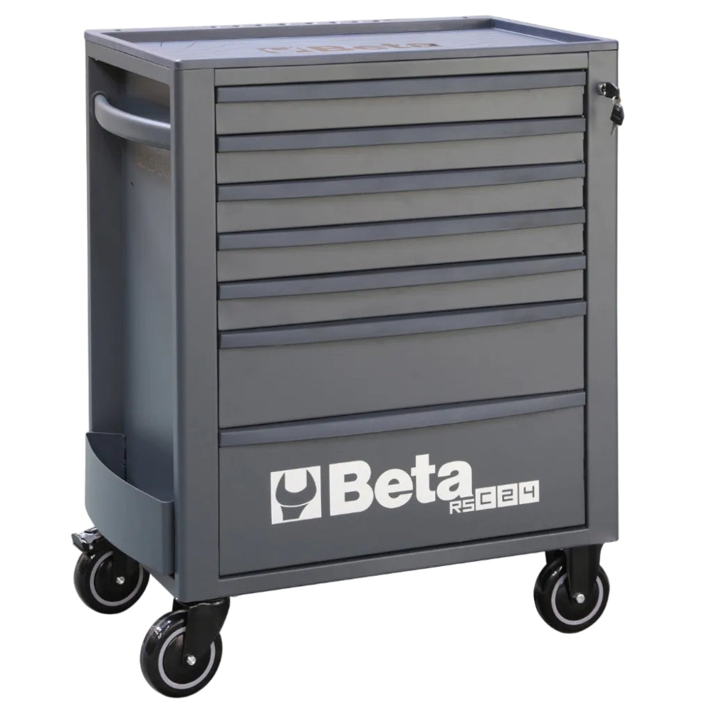 Gray tool cart with multiple drawers and Beta branding on a white background