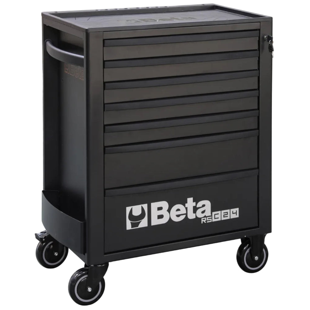 Black tool cabinet with multiple drawers and wheels on a white background, featuring the Beta brand.