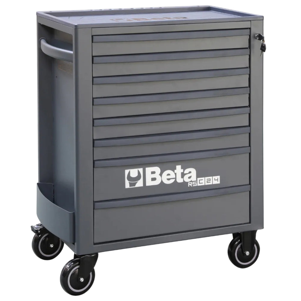 Gray tool cart with multiple drawers and Beta logo on a white background