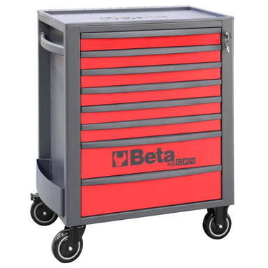 Tool chest with red drawers and gray top, featuring Beta tool brand logo.