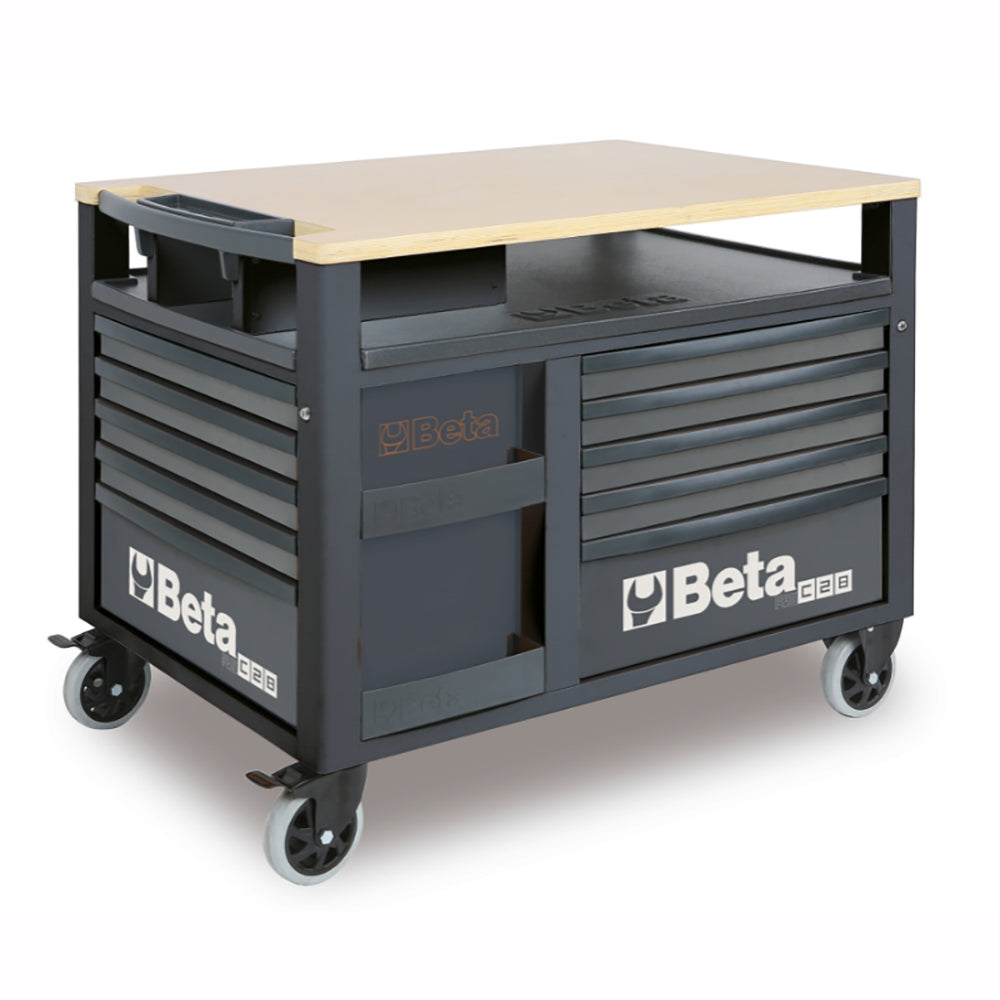 Tool cart with multiple drawers and a wooden top on wheels, featuring the Beta brand.