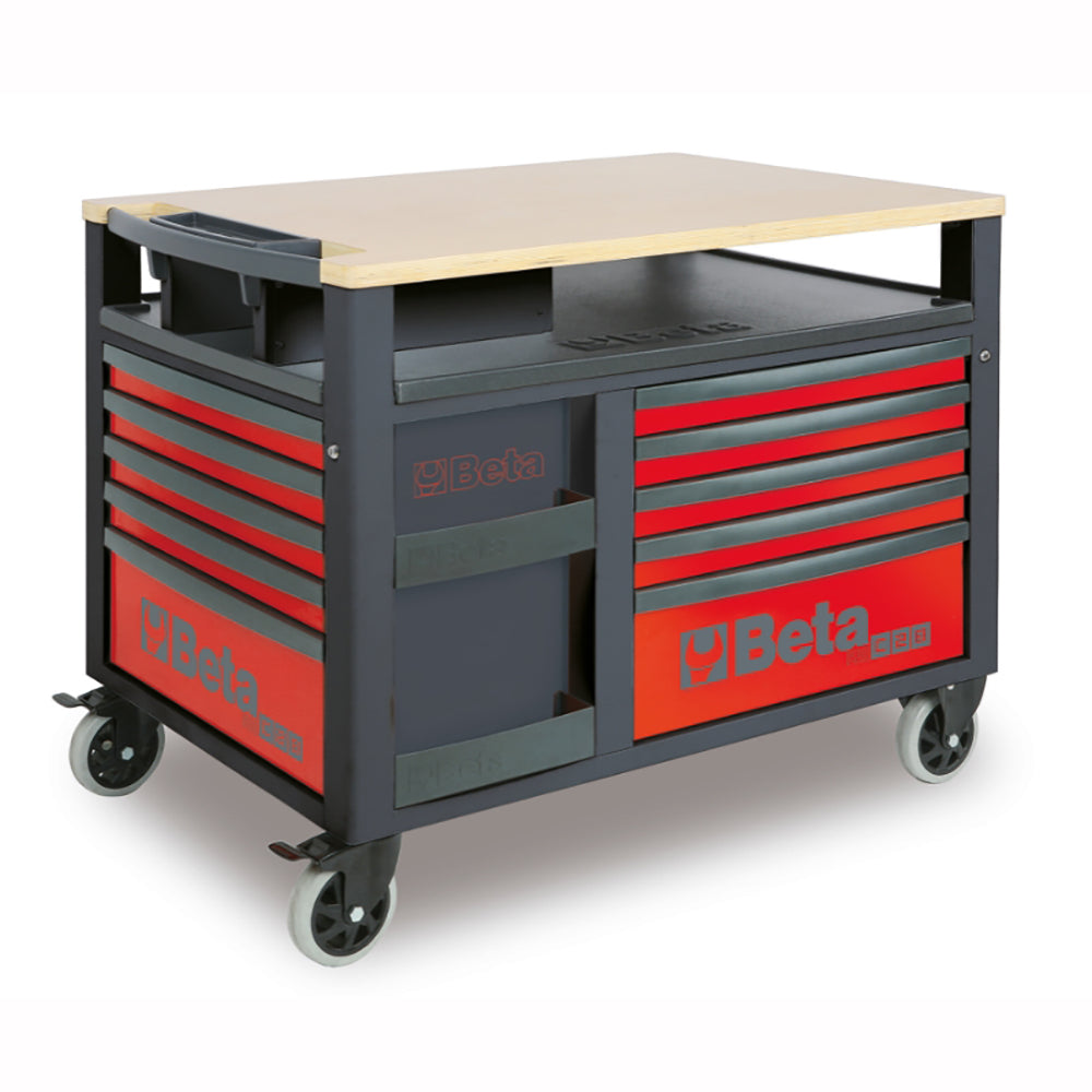 Tool chest with red drawers and a beige top on a white background