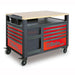 Tool chest with red drawers and a beige top on a white background