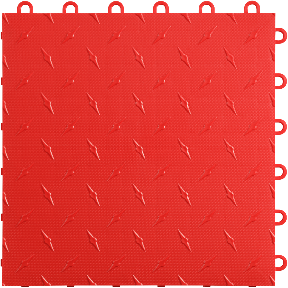 Red interlocking floor tile with a textured pattern