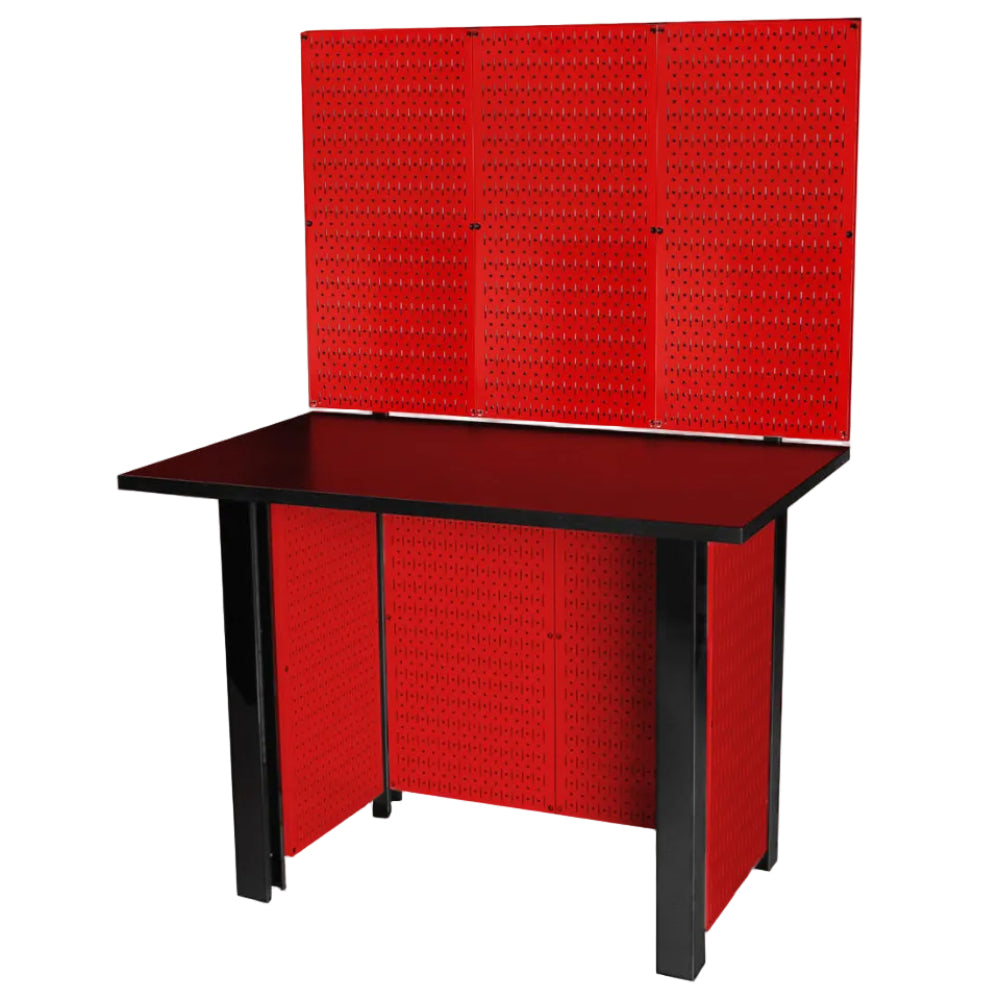 Black workbench with red pegboards against a white background
