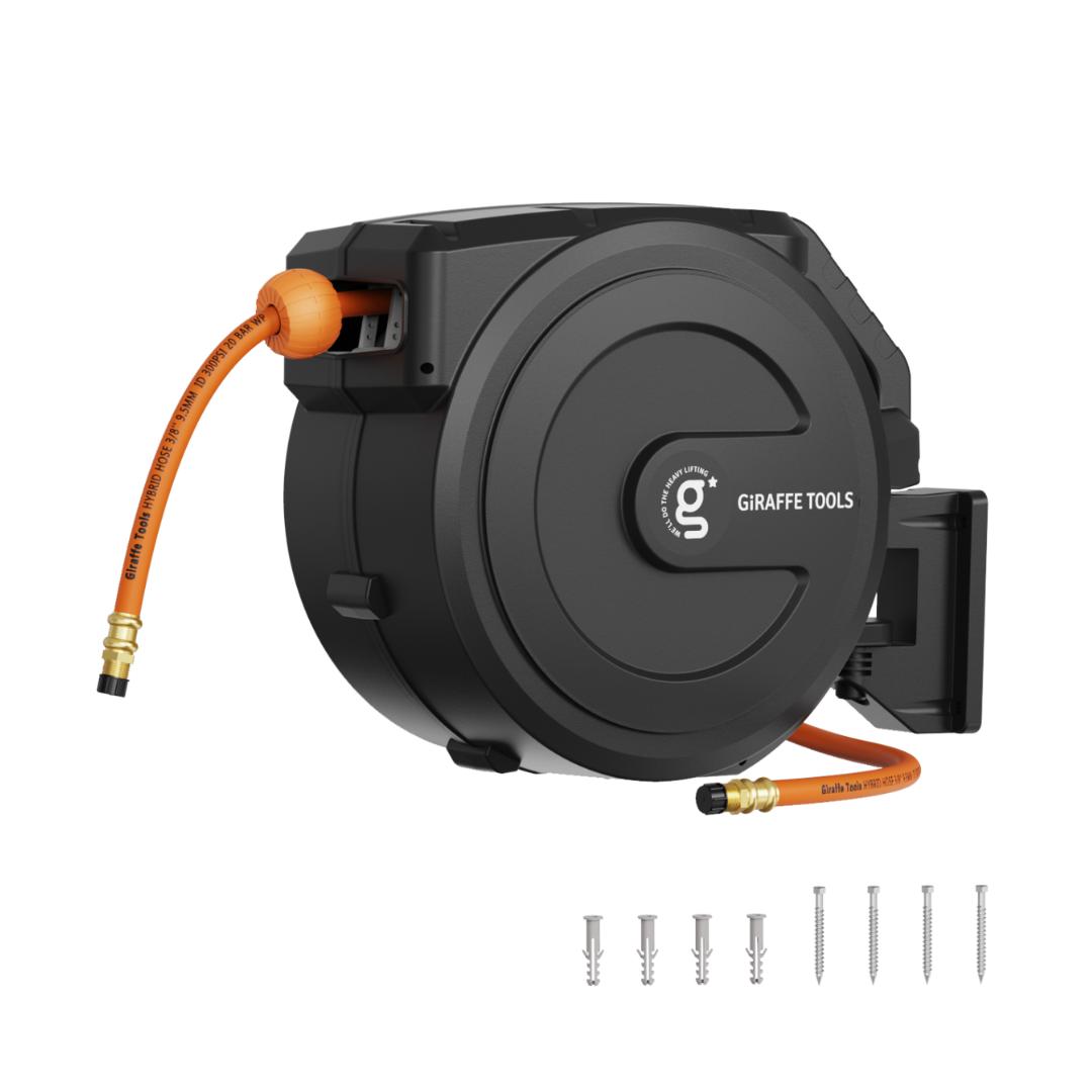 Giraffe Tools Retractable Air Hose Reel - Auto Rewind with 180° Swivel Bracket