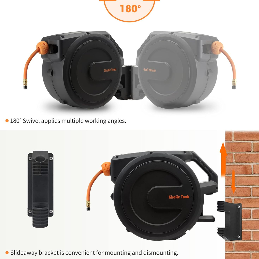 Giraffe Tools Retractable Air Hose Reel - Auto Rewind with 180° Swivel Bracket