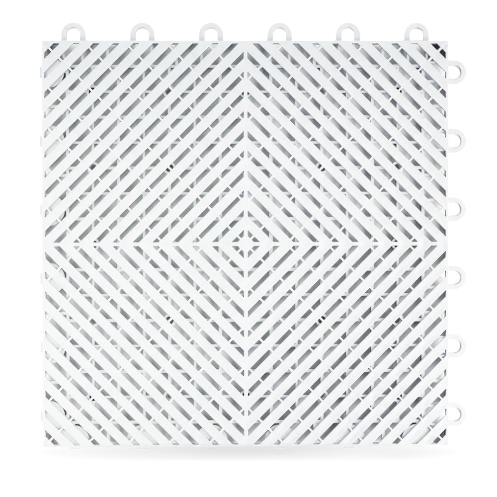 Close-up center view of a single Arctic White Swisstrax Ribtrax Smooth garage floor tile.