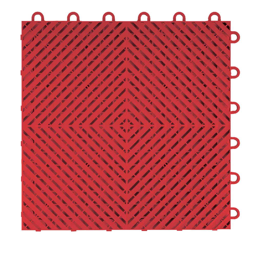 Close-up center view of a single Racing Red Swisstrax Ribtrax Smooth garage floor tile.