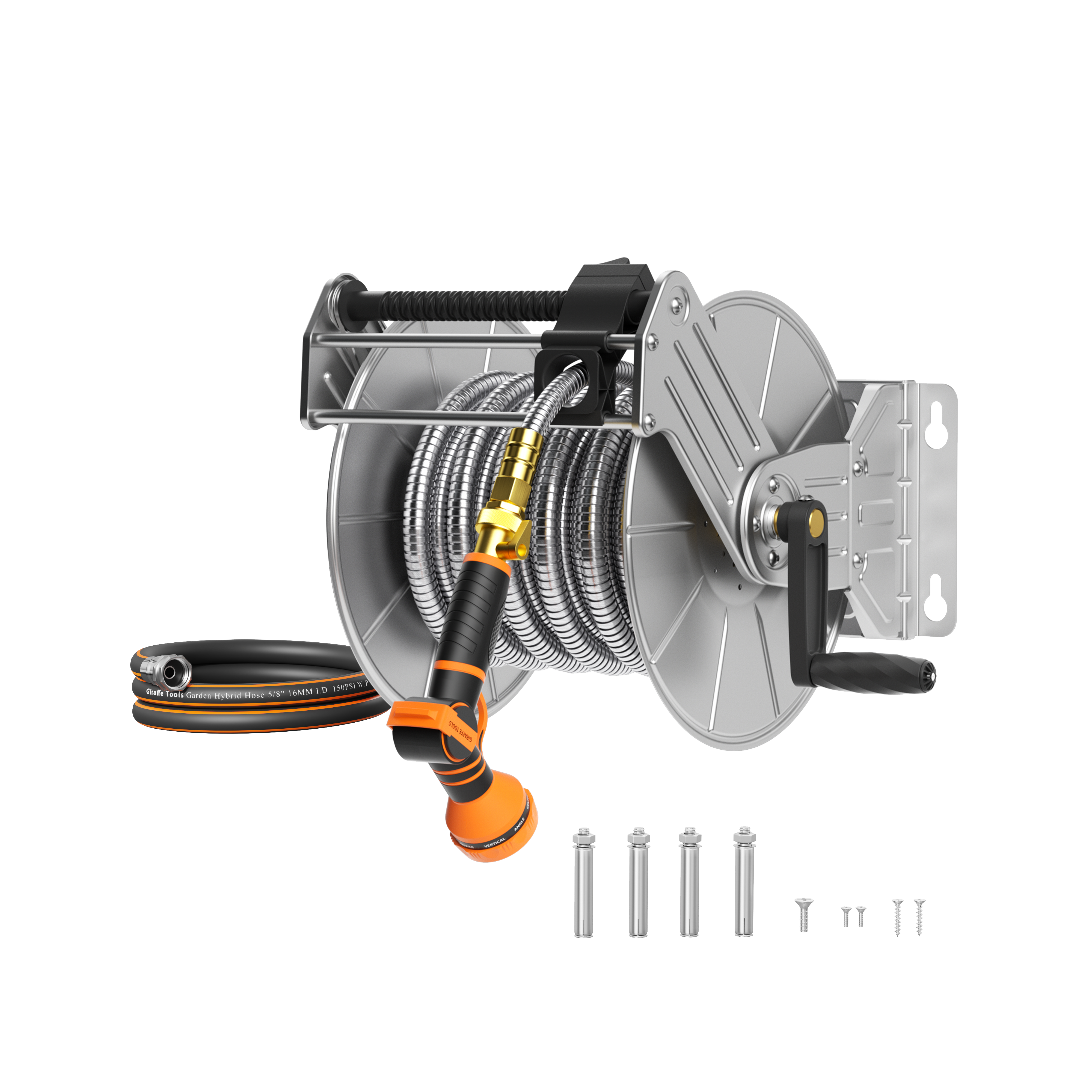 Giraffe Tools Wall Mounted Hose Reel - 304 Stainless Steel 200ft Capacity