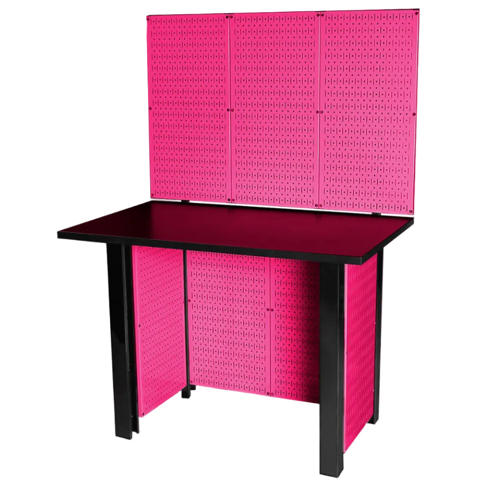 Black workbench with pink pegboard against a white background