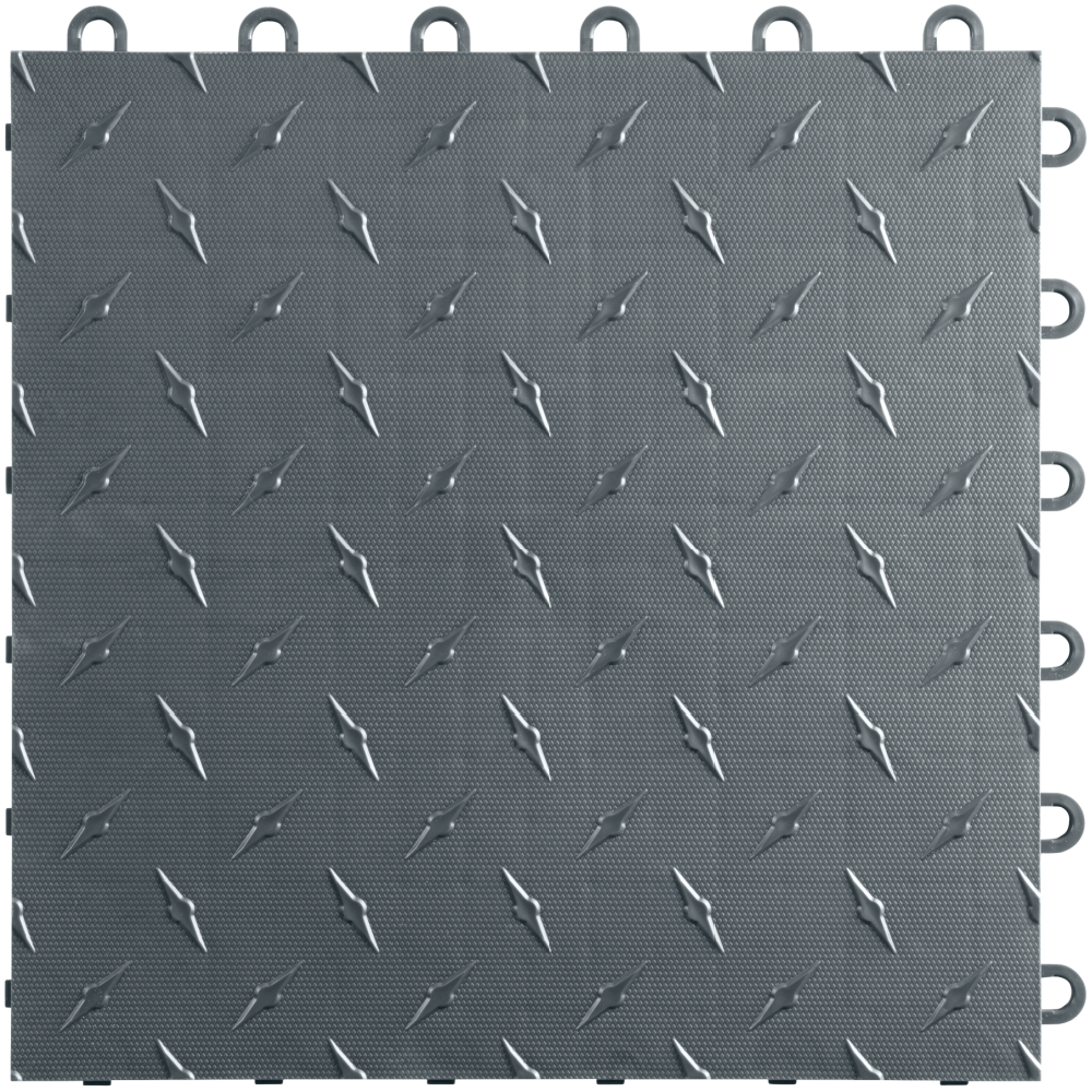 Gray interlocking floor tile with diamond plate pattern